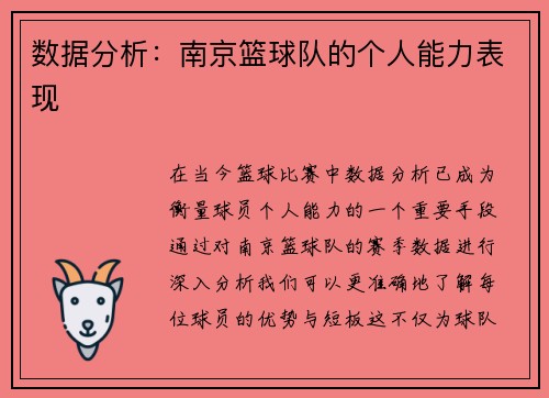 数据分析：南京篮球队的个人能力表现